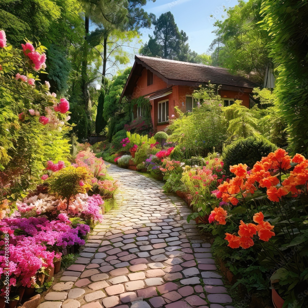 Enchanted Oasis: A Vibrant Home Garden and Pathway Retreat. Generative AI 12