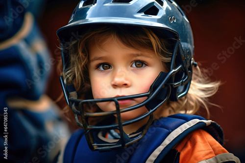Photo of a child wearing a protective baseball helmet up close © Anoo