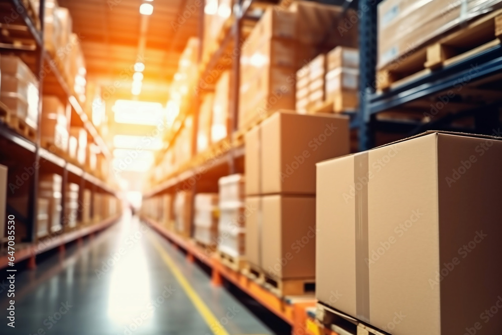 A large warehouse filled with neatly stacked boxes. Selective focus. Large space for storing and moving goods. Logistics. Trade in the modern world.