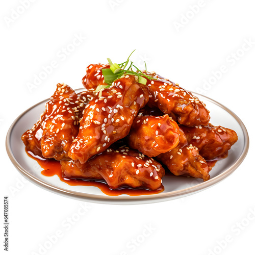 crispy fried korean chicken wings in galbi sauce, Korean fried chicken sauce isoleted background. photo