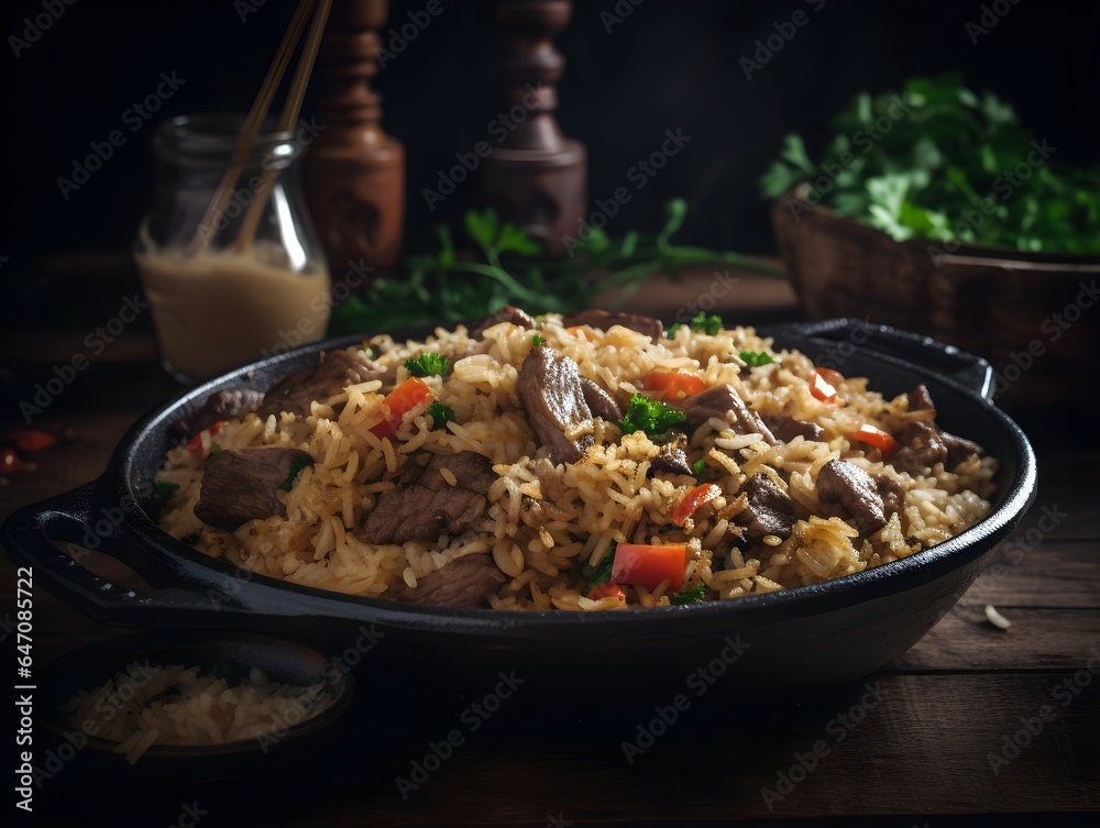 An amazing photo of Delicious Beef Fried Rice. Created with Generative AI Technology An amazing photo of Delicious Beef Fried Rice. Created with Generative AI Technology