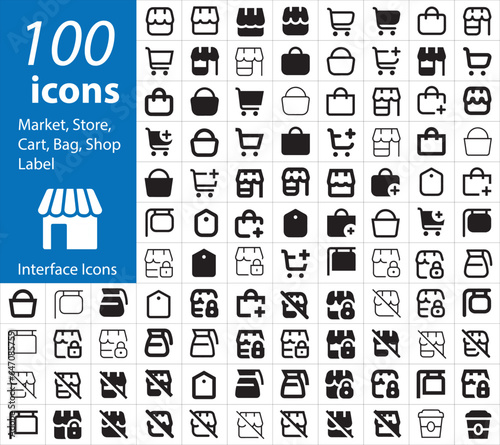 Shop Icons Set. User Interface Icons. Black Outline, Black Fill. Icon Market, Cart, store, bag, label. vector icons. for web design.