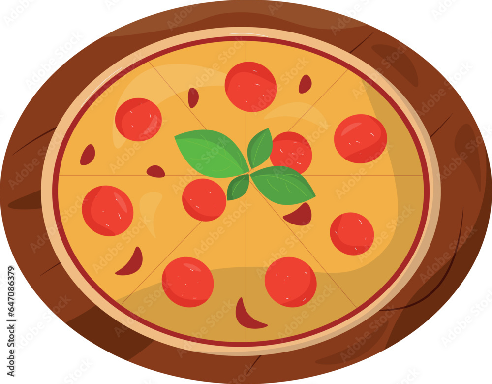 pizza with tomato and basil on a wooden plate Free Vector