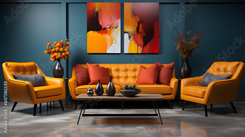 Suprematism style interior design of modern living room with red and yellow armchairs against of colorful vibrant wall photo