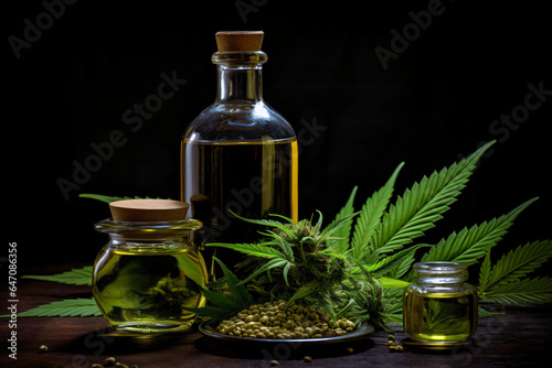 Cannabis leaf and oil bottle