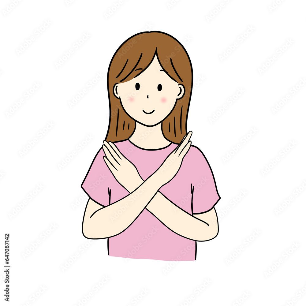 笑顔でバツポーズをする女性 笑顔でバツポーズをする女性