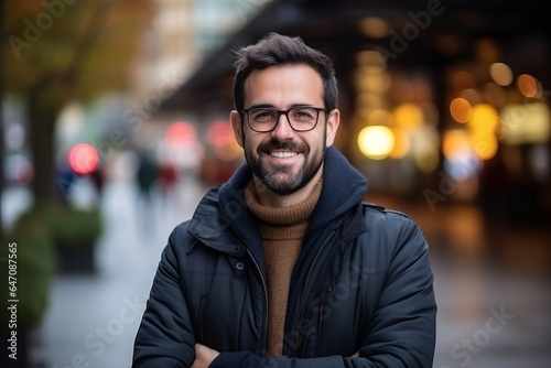 Portrait of a handsome young man with glasses on a city street