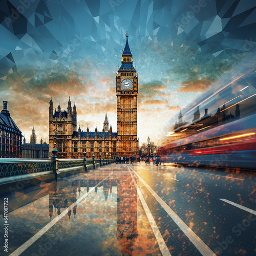 Track photography capturing Big Ben, London's iconic clock tower, in urban setting.