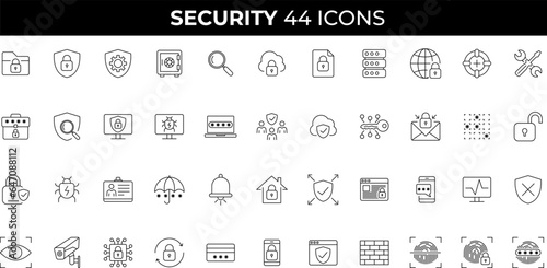 Security set icons in line style. Cyber Security, internet protection, mobile app, password, spy, security system, finger print, electronic Vector illustration.