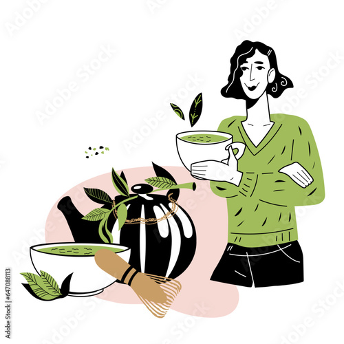 Matcha tea drink emblem or label design with woman character, hand drawn vector illustration isolated on white background. Matcha tea packs label.