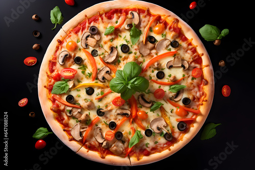 pizza with Cheese ,vegetables, bell peppers, olives, mushrooms and oregano from top view, on a black background