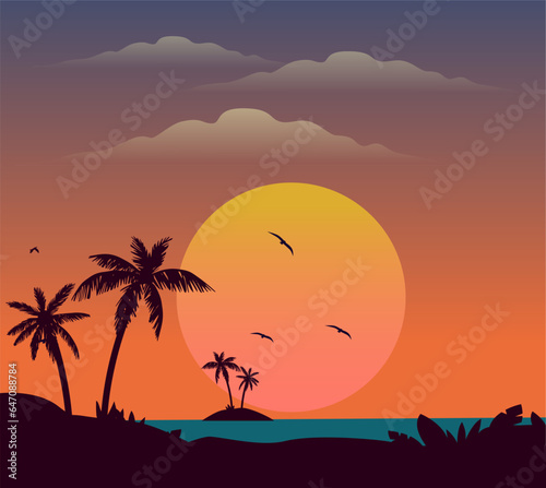 Beautiful sunset beach palm trees birds clouds sea view