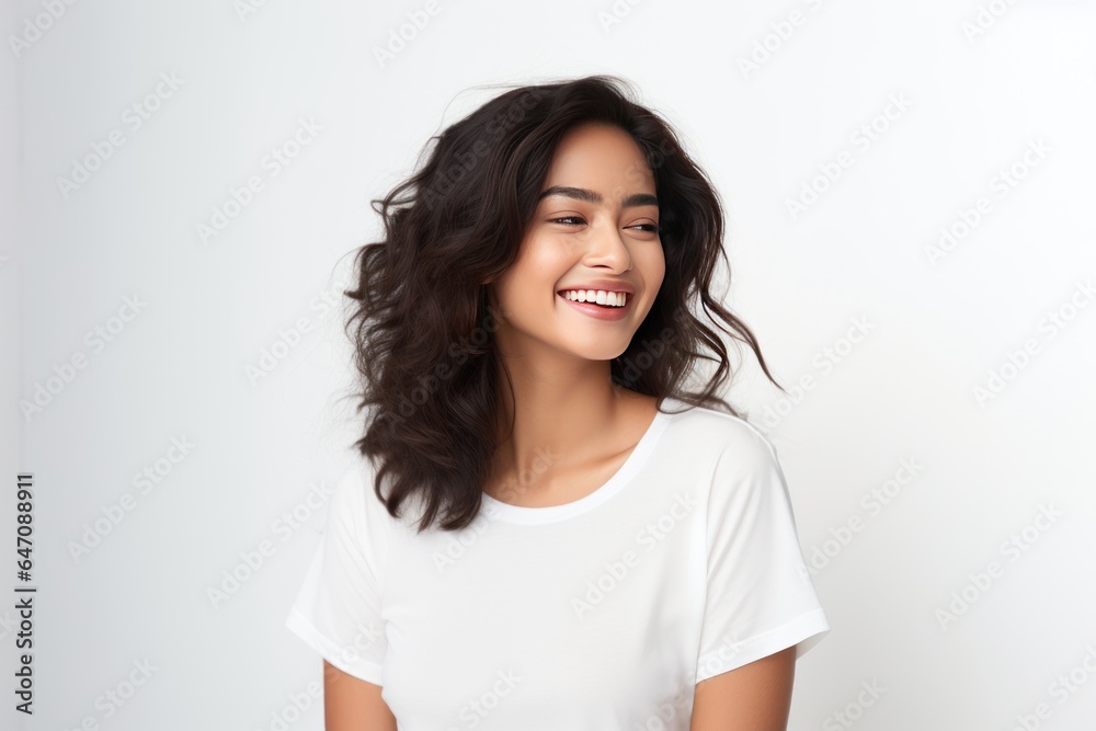 Closeup photo portrait of a beautiful young asian indian model woman smiling with clean teeth. Used for a dental ad. Isolated on light background. Closeup photo portrait of a beautiful young asian indian model woman smiling with clean teeth. Used for a dental ad. Isolated on light background.