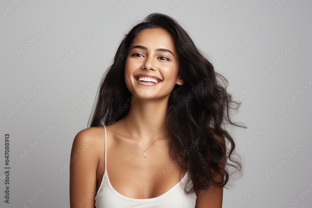 Closeup photo portrait of a beautiful young asian indian model woman smiling with clean teeth. Used for a dental ad. Isolated on light background. Closeup photo portrait of a beautiful young asian indian model woman smiling with clean teeth. Used for a dental ad. Isolated on light background.