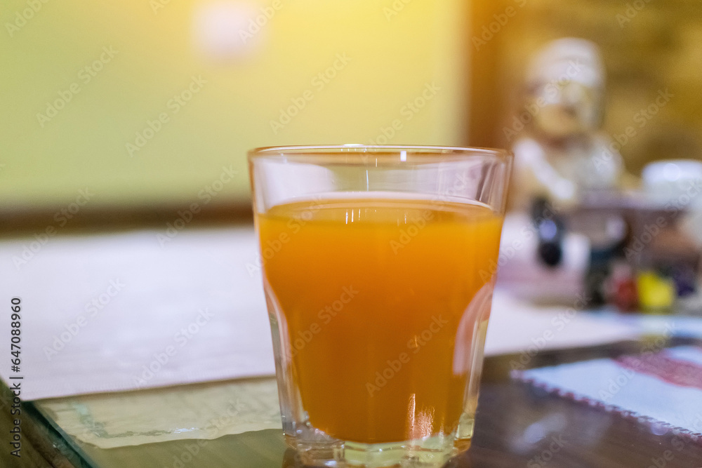 Fresh Orange Juice On Wooden Table In Cafe Fresh Orange Juice On Wooden Table In Cafe