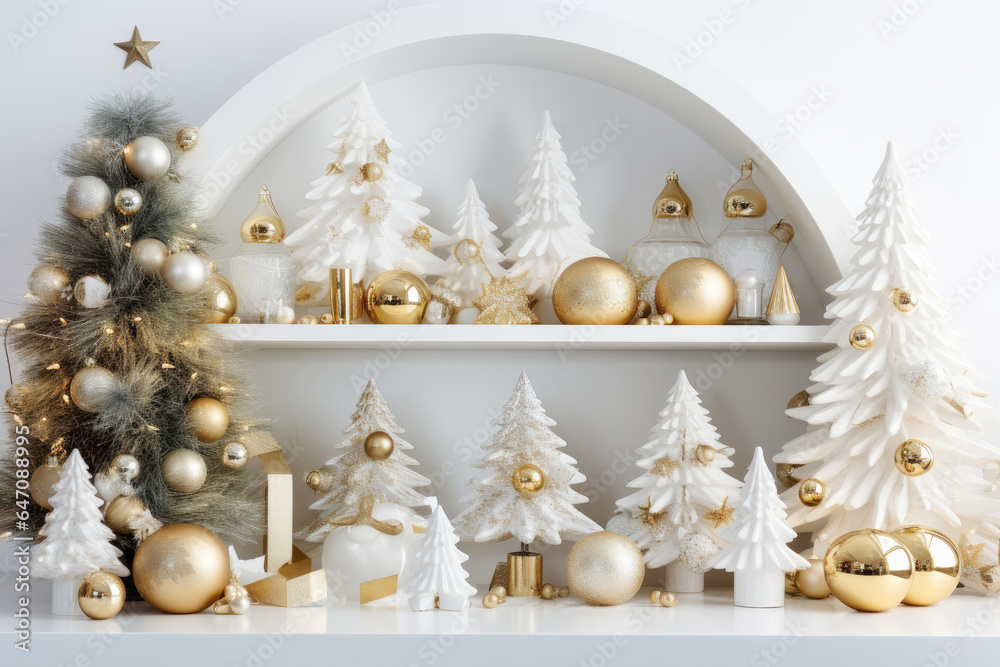 Luxury Christmas background with gift box, ornament decorations and white golden warm tone, happy new year celebration, festive design scene.