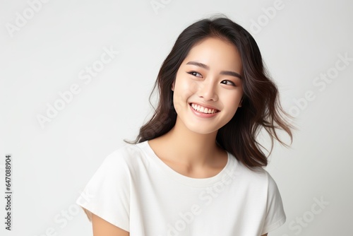 Closeup photo portrait of a beautiful young asian indian model woman smiling with clean teeth. Used for a dental ad. Isolated on light background. © radekcho