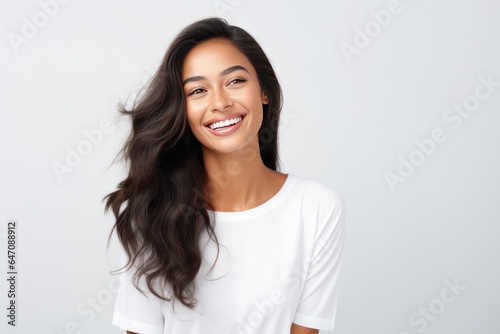 Closeup photo portrait of a beautiful young asian indian model woman smiling with clean teeth. Used for a dental ad. Isolated on light background.
