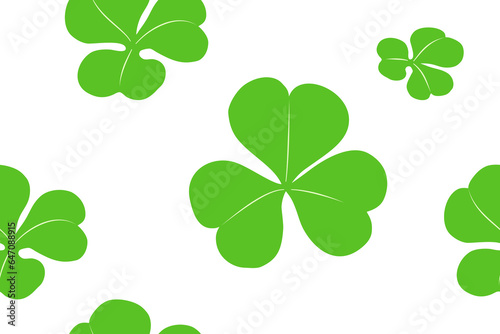 Shamrock or green clover leaves seamless pattern background doodle hand draw flat design. illustration isolated on light transparent background. St Patricks Day decorative elements.