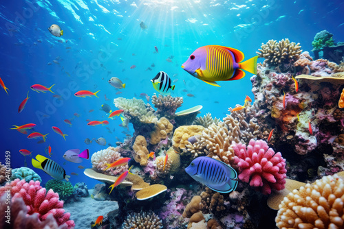 Underwater with colorful sea life fishes and plant at seabed background, Colorful Coral reef landscape in the deep of ocean. Marine life concept, Underwater world scene. © TANATPON