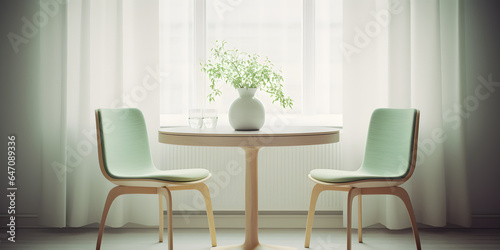 Two mint color chairs at round wooden dining table against window dressed with light green and white curtains. Scandinavian interior design of modern dining room © master graphics 