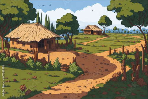 An illustration of an Indian village with farmlands and trees in the background