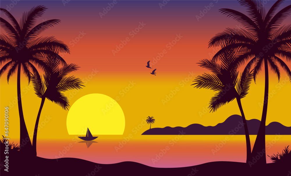 sunset palm tree beach vector design