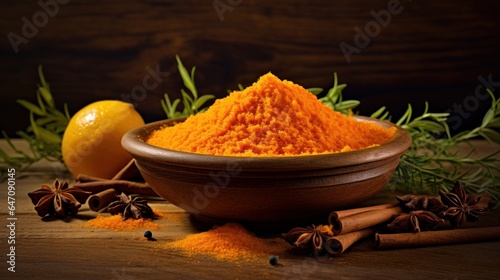 Turmeric powder in wooden bowls on a wooden table star anise and orange fruit in the background