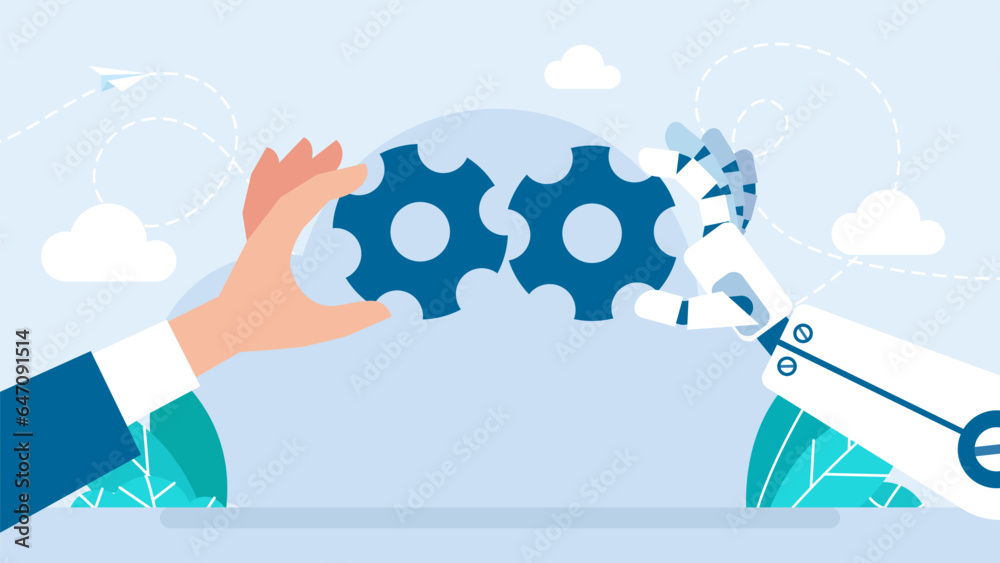 A human hand and robot hand assemble parts of  mechanism. Gears. Industry development, engine work, business solution concept. Artificial intelligence and humans working together. Vector illustration