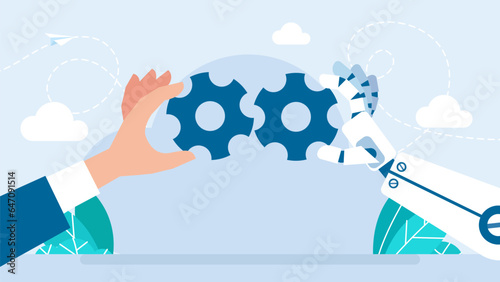 A human hand and robot hand assemble parts of  mechanism. Gears. Industry development, engine work, business solution concept. Artificial intelligence and humans working together. Vector illustration