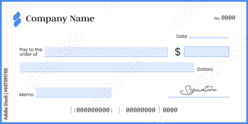 Blank business check template. Currency payment coupon. Blank bank check