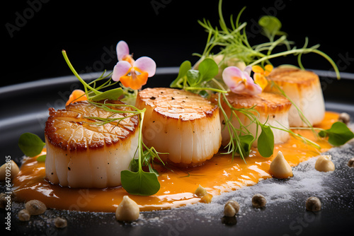 Scallops delicious meal in michelin star restaurant photo