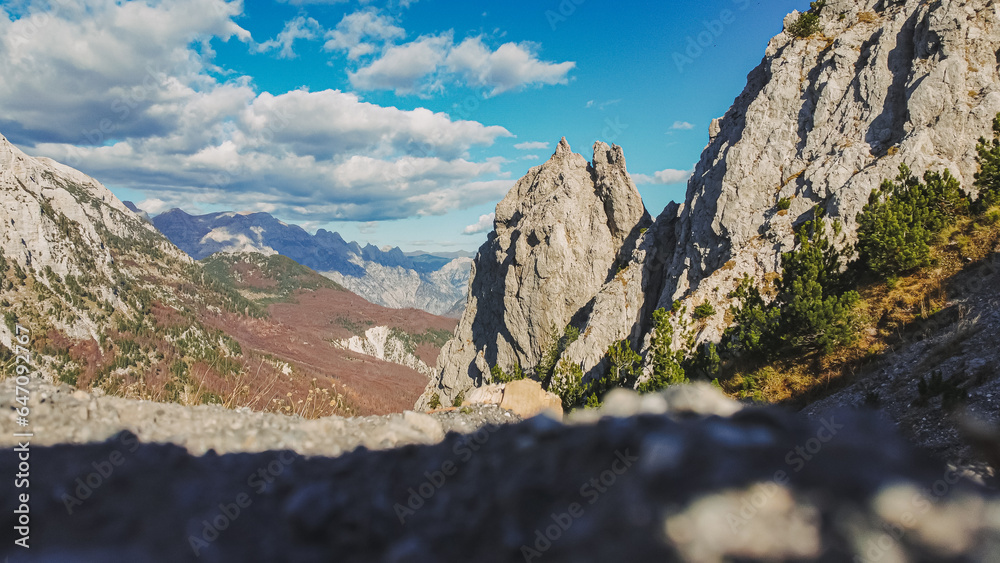 Landscape of Valbona pass hiking trails in Albania.