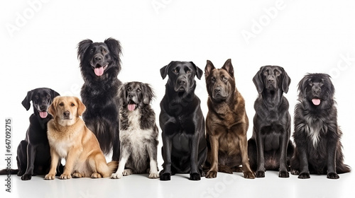 Group of dogs of different sizes and breeds on white background