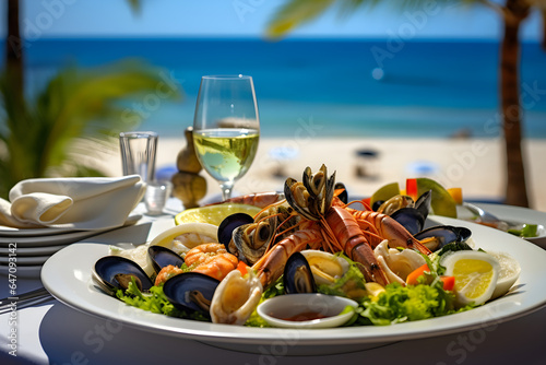 seafood meal with shrimps and mussels at beach restaurant