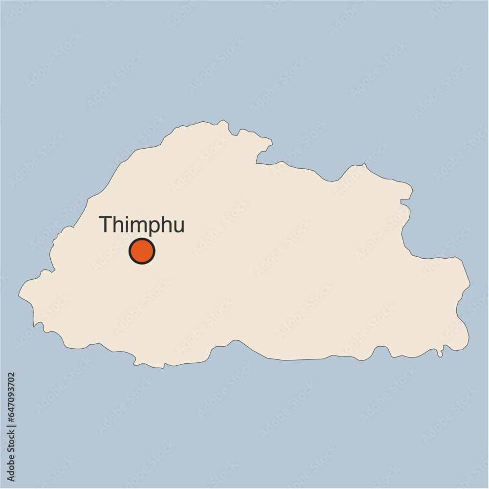 Map of Bhutan and its capital city of Thimphu on beige