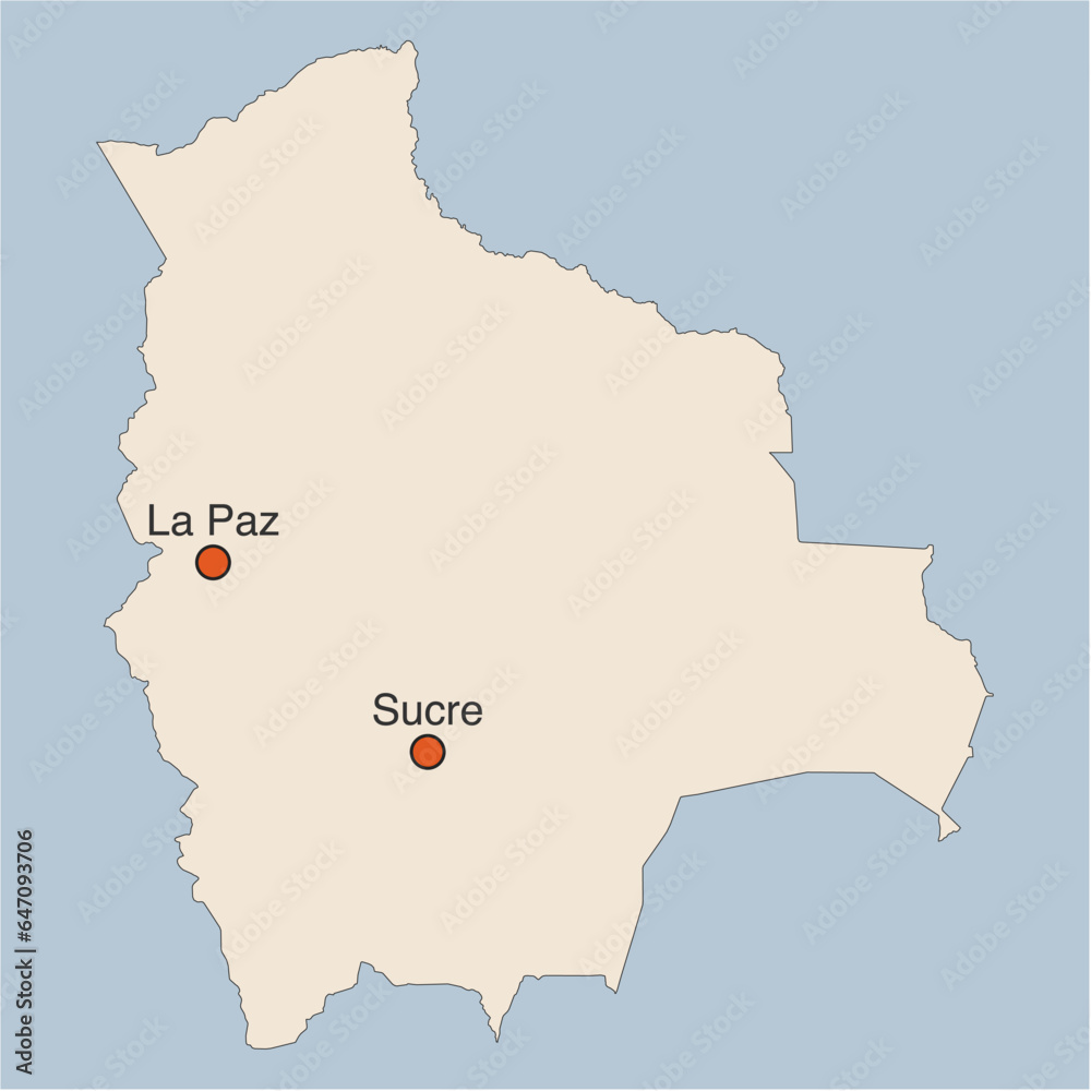 Vector map of the country of Bolivia and its capital city of SucreandLaandPaz on beige