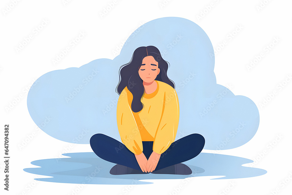 Mental health and depression illustration, Mental Health World Day. Mental Wellness, healthy. Medicine, woman feeling sad and lonely Depressed person. illustration in flat cartoon style