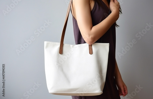 A woman holding white canvas versatile tote bag on a grey background, for mock up or presentation.