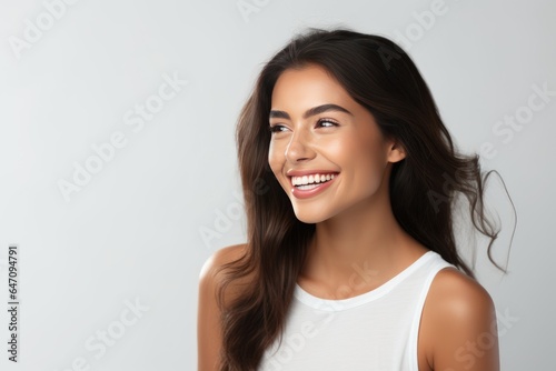 Closeup photo portrait of a beautiful young latin hispanic model woman smiling with clean teeth. Used for a dental ad. Isolated on light background.