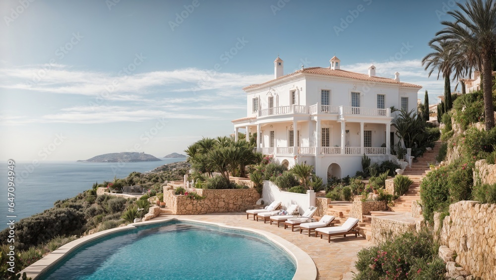 Fototapeta premium a pool and a house with a breathtaking sea view
