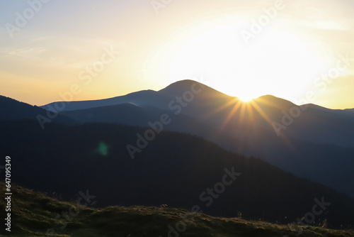 The sun rises over the mountains. Ukraine, Carpathians, Petros