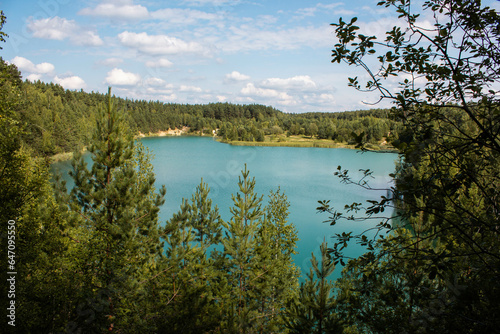 Blue lake in a pine forest