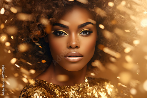 Woman in gold on golden sparkling background, girl in golden dress. Luxury and premium photography for advertising product design. Fashion beautiful African American woman