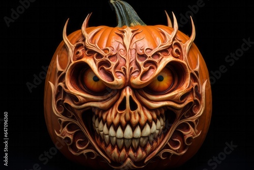 Close up carved pumpkin with scary expression on black background. Halloween eve concept celebration.