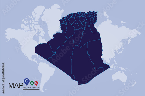 High Detailed Blue Map of Algeria isolated on white background. Vector illustration eps 10.Algeria map filled with light blue gradient. High resolution. Mercator projection. - Vector