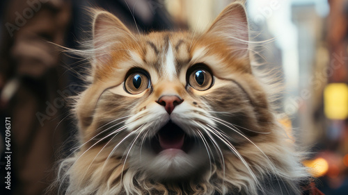 Portrait of a shocked cat. Surprised face of a cat. Cat face with open mouth.
