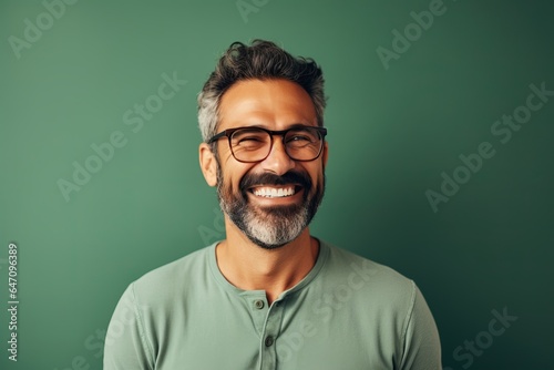 Portrait of a handsome mature man wearing glasses and smiling while standing against green background