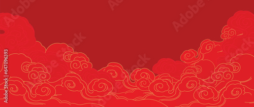 Happy Chinese new year luxury style pattern background vector. Oriental cloud and wave gold line art texture on red background. Design illustration for wallpaper, card, poster, packaging, advertising.