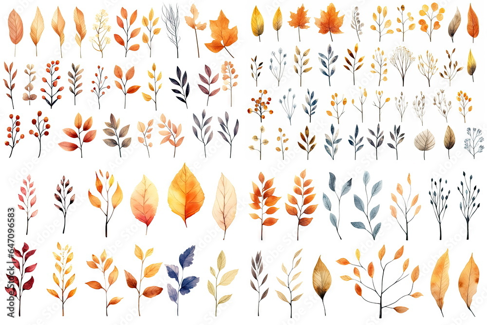 Watercolor set of fall branches on white background